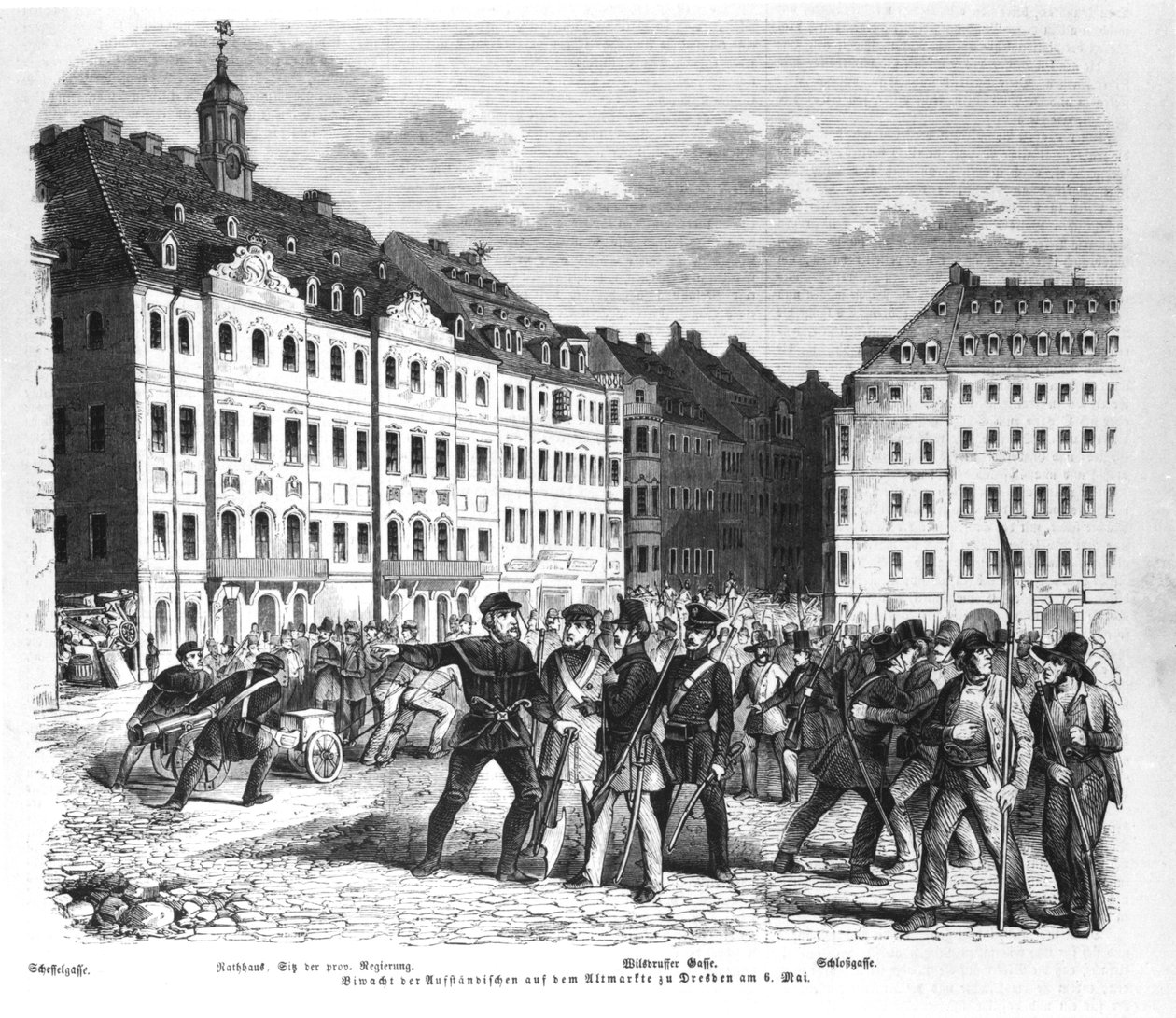 1848年3月6日にドレスデンで蜂起した、「Illustrierte Zeitung」のイラスト 作： ドイツ語学校