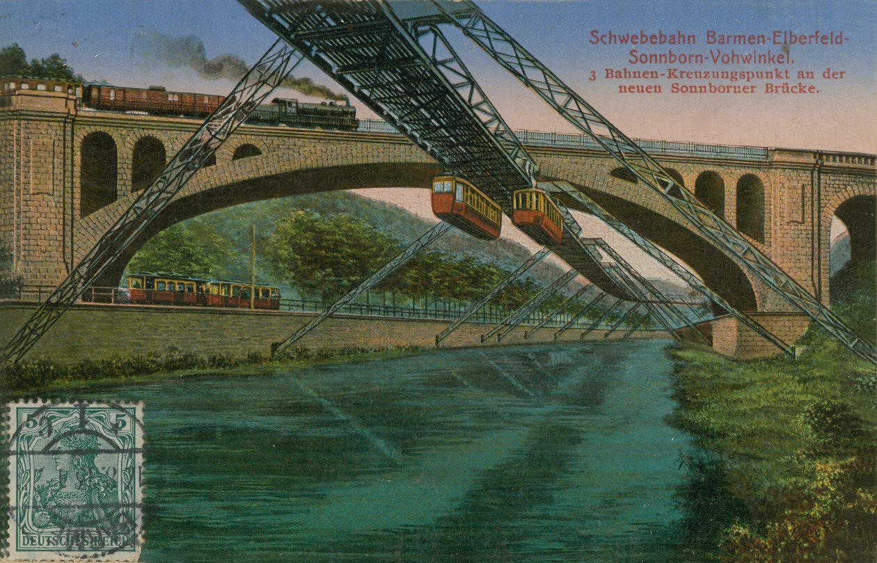 ドイツ、バーメン・エルバーフェルト・ゾンボルン・フォウィンケル吊り橋鉄道と新しいゾンボルン橋。1913年に送られた絵葉書。 作： ドイツの写真家