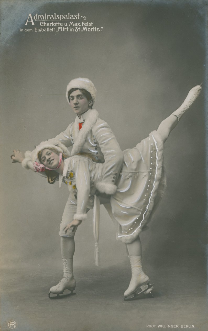 1913年に送られたアイススケート選手の絵葉書（手彩色写真） 作： ドイツの写真家