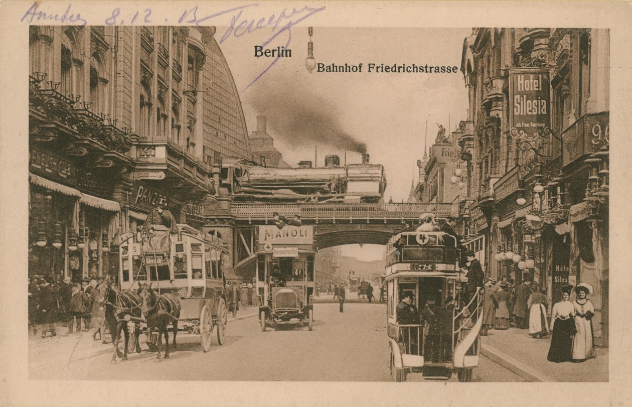 1913年に送られたベルリンのフリードリッヒ通りの駅の絵葉書（モノクロ写真） 作： ドイツの写真家