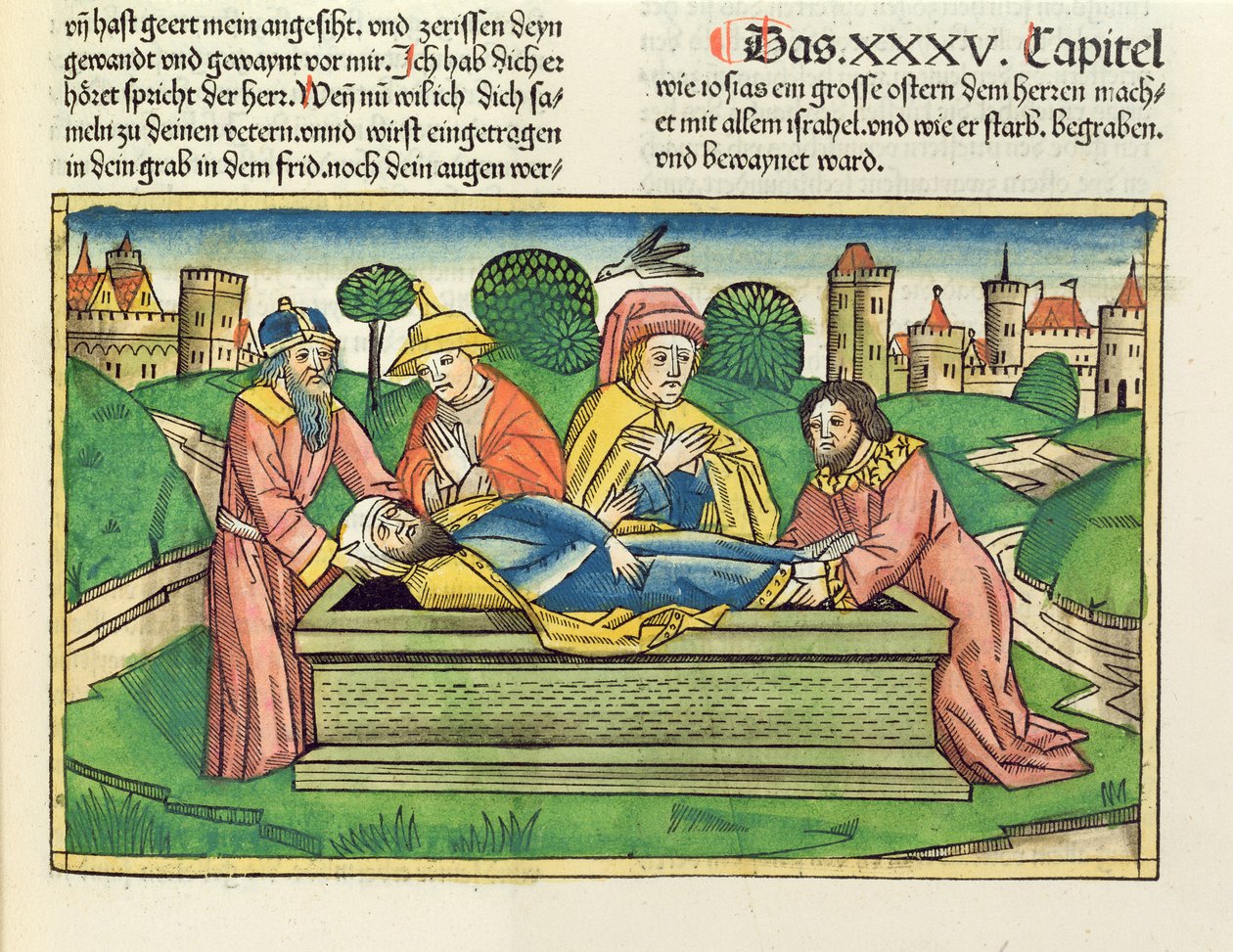 2歴代誌35 24ニュルンベルク聖書からのジョサイアの埋葬（Biblia Sacra Germanaica）（色の木版画） 作： ドイツ語学校