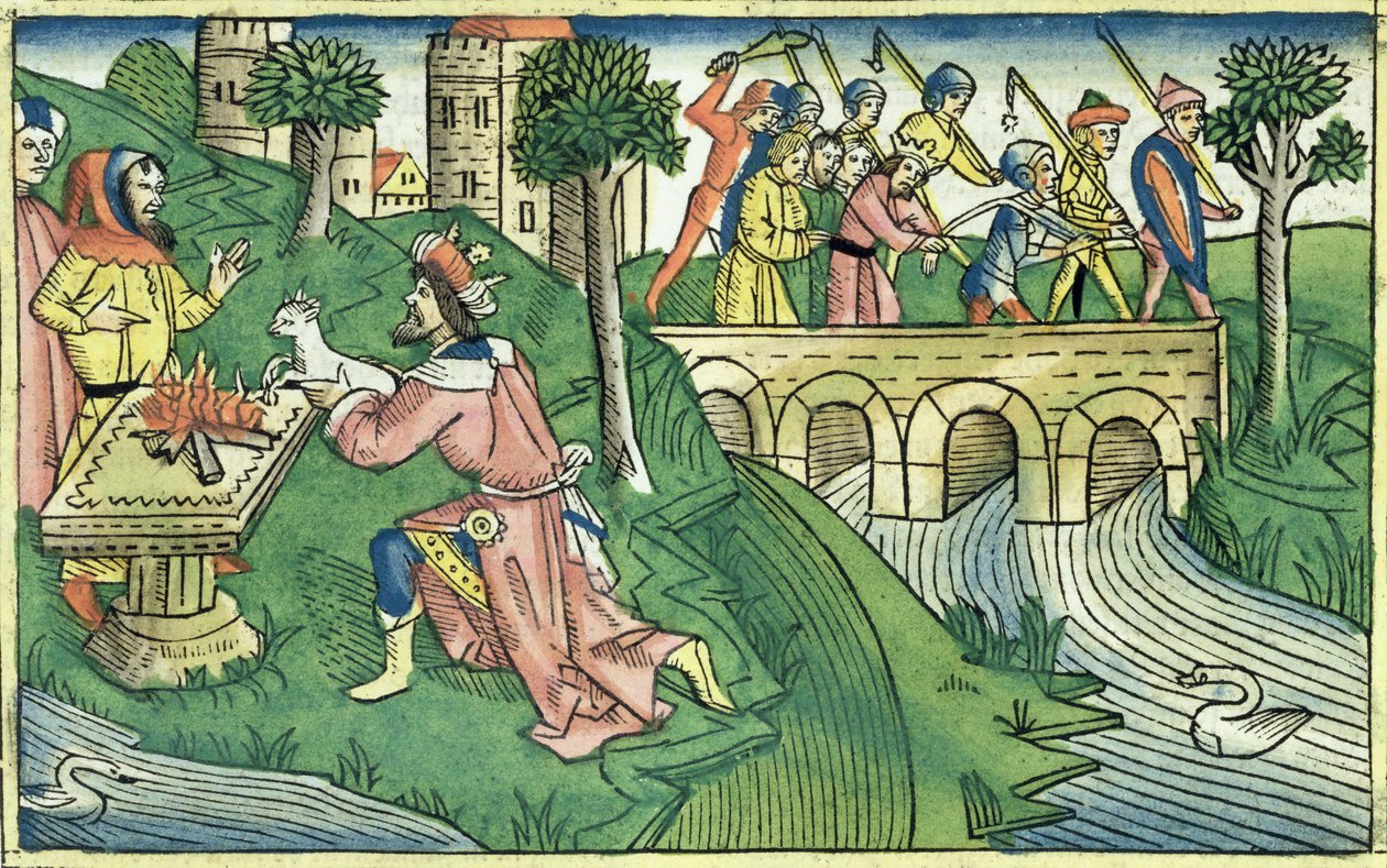 2キングス16 9-16ダマスカスの人々は、ニュルンベルク聖書（Biblia Sacra Germanaica）（色の木版画）から監禁されます。 作： ドイツ語学校