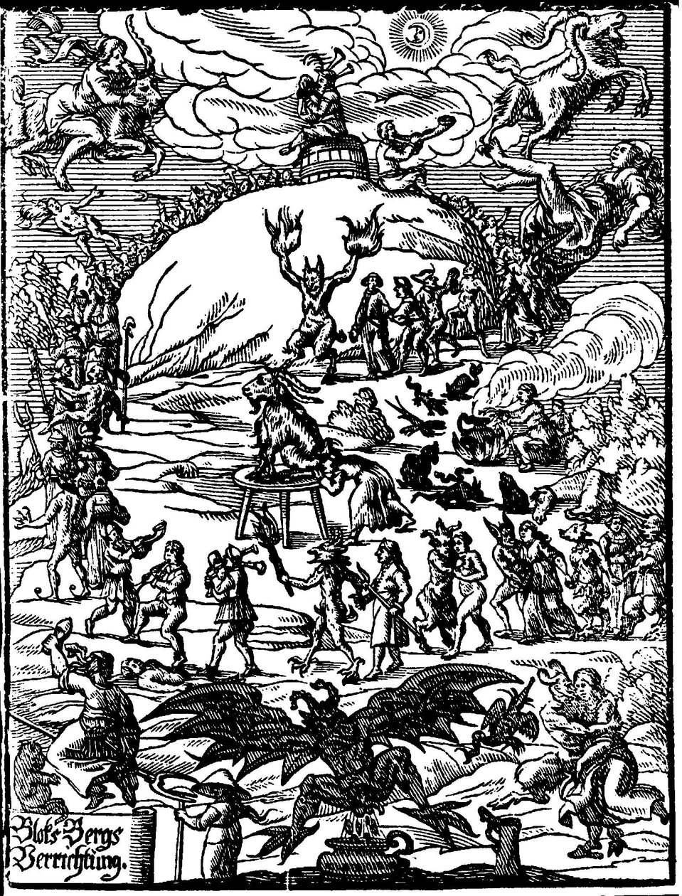 安息日の儀式で、悪魔を表すヤギが中央にいて、魔女や悪魔に囲まれています。16世紀のドイツの彫版 作： ドイツ語学校