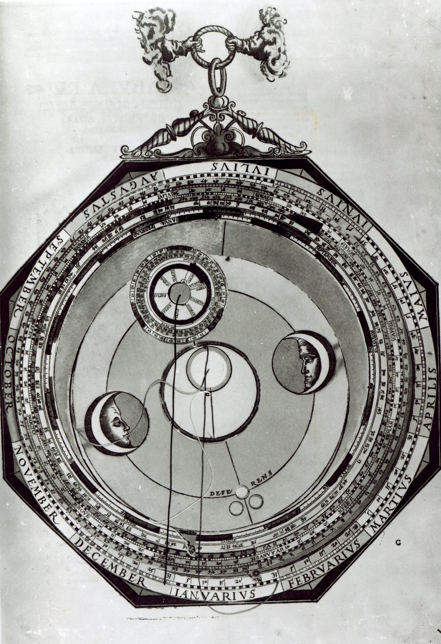 1540年のペトルスアピアヌスによる天文学の帝王切開からのイラストの後の、おそらく月の周期を示しているボルベル 作： ドイツ語学校