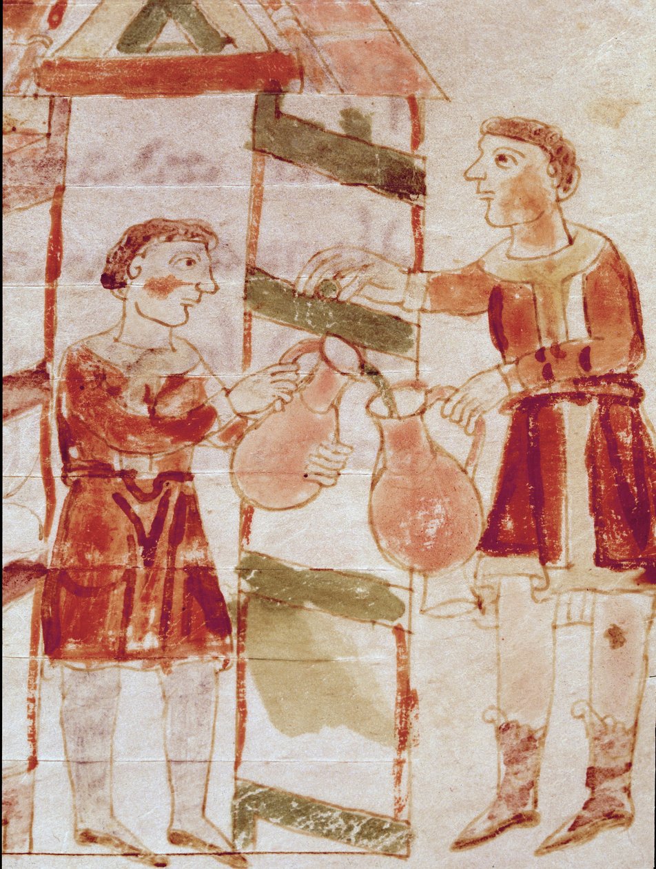 Ein Miniatur-Weinhändler aus dem Band „De tabernae“, Manuskript „De Universo“ (oder De rerum naturis (Über die Natur der Dinge)) (cod. 132) von Rabanus Maurus Magnentius (ca. 780-856). 9. Jahrhundert. Archiv von Mont von German School