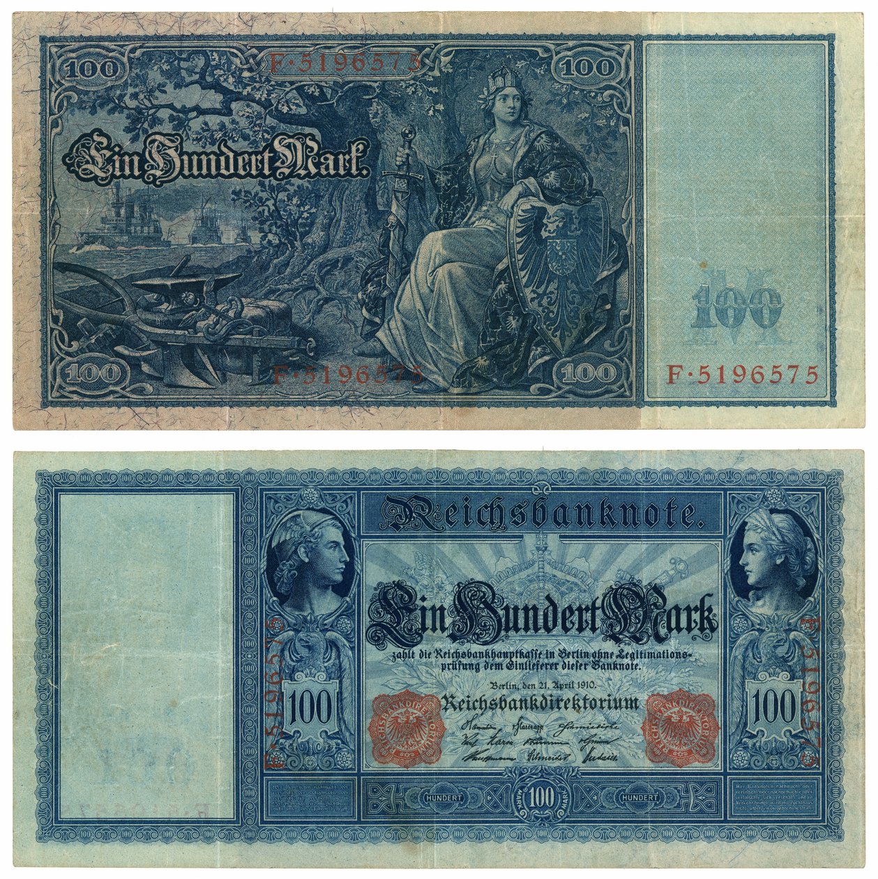 100マーク紙幣、1910年（rectoとverso） 作： ドイツ語学校