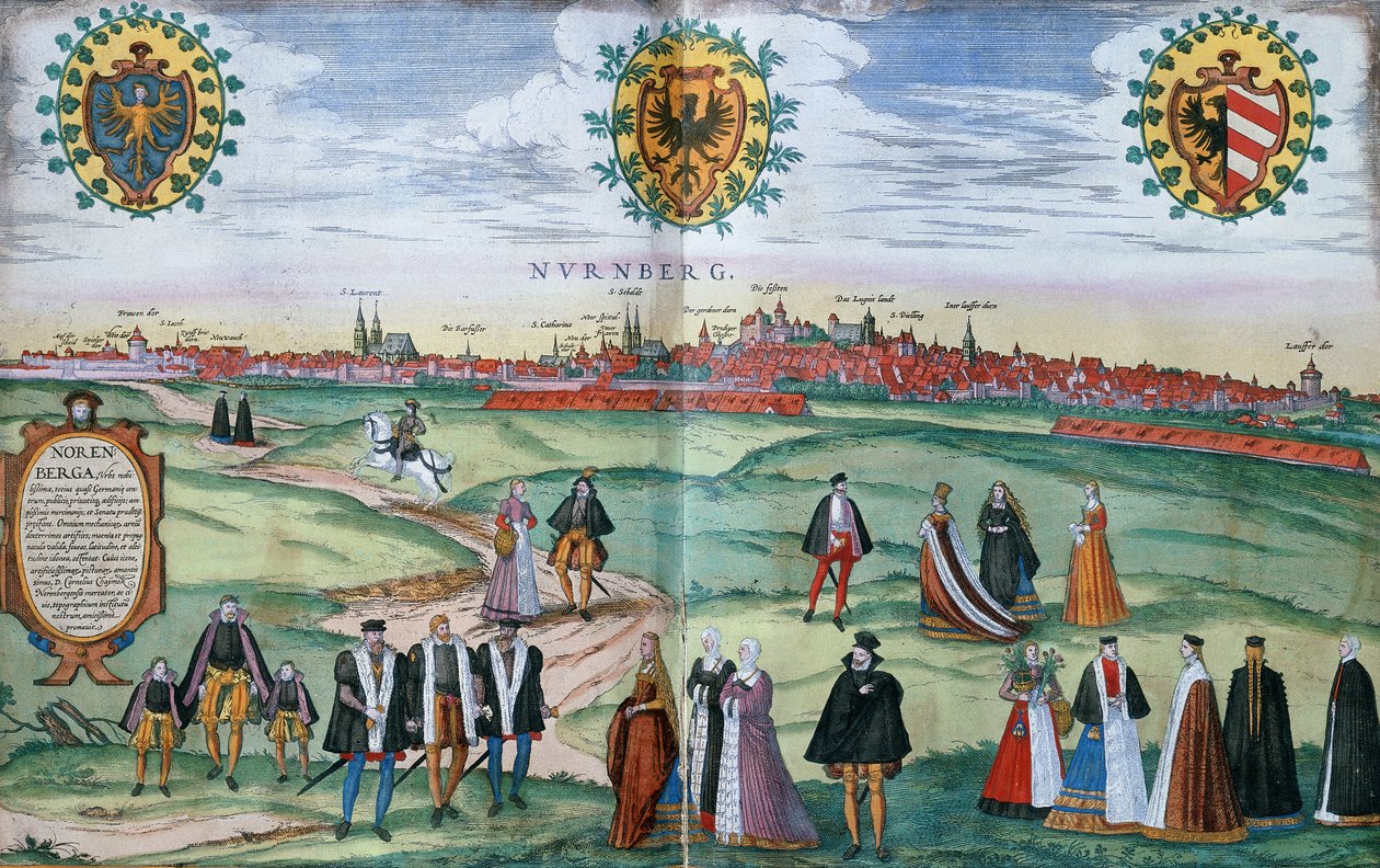 フォアグラウンドで地元のドレスを着た人物がいるニュルンベルクのパノラマビュー、1575年頃 作： ドイツ語学校