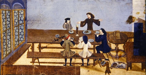 酒場の室内で酒を飲む人物たち（1690年頃）（紙にガッシュ 作： ドイツ語学校