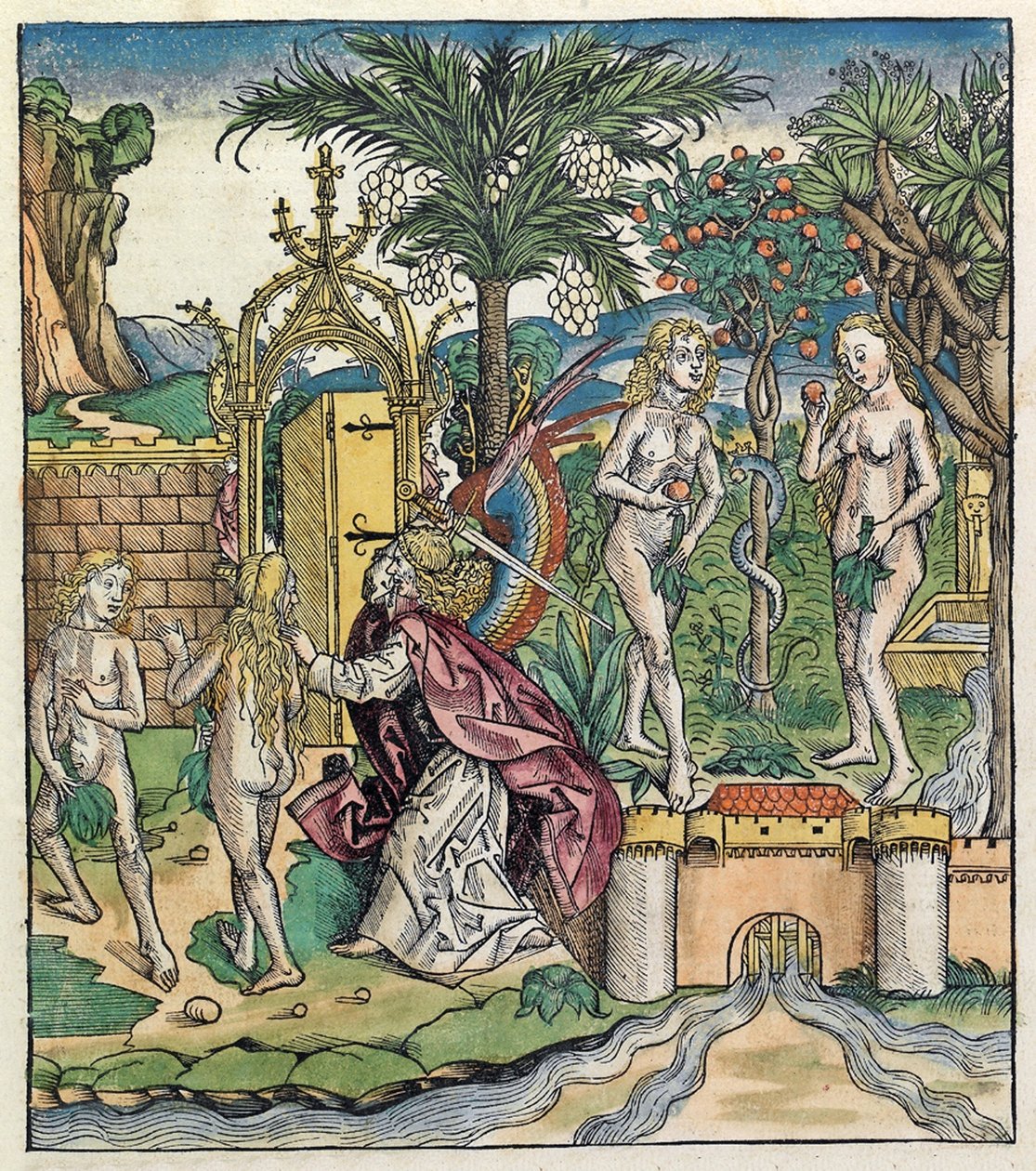 1493年にニュルンベルククロニクルで出版された、エデンから追放されたアダムとイブ 作： ドイツ語学校