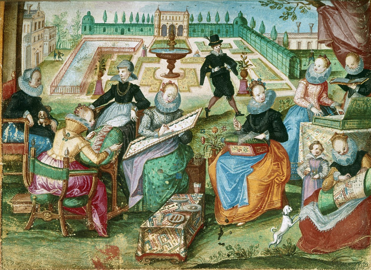 Add.1 7025 fol.50 「Gervasius Fabricius のアルバム Amicorum」からの刺繍に座っている女性 (カラー リソ) 作： ドイツ語学校