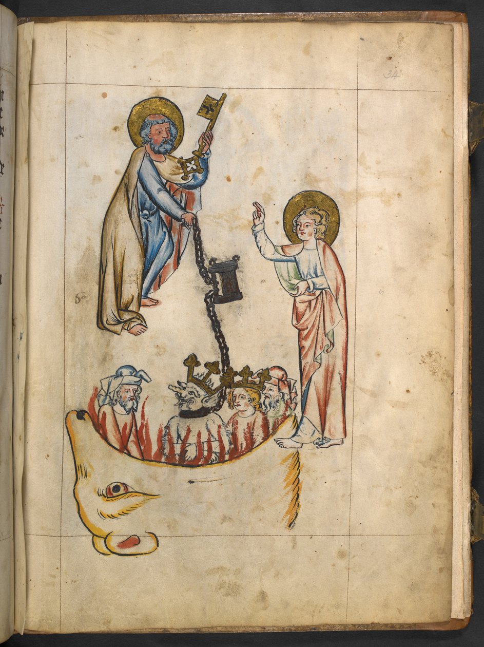 MS 15243 f.34r 底なしの穴の鍵を握る天使を追加、「アポカリプス」のイラスト、1350-70 年頃（羊皮紙にインクとカラー） 作： ドイツ語学校