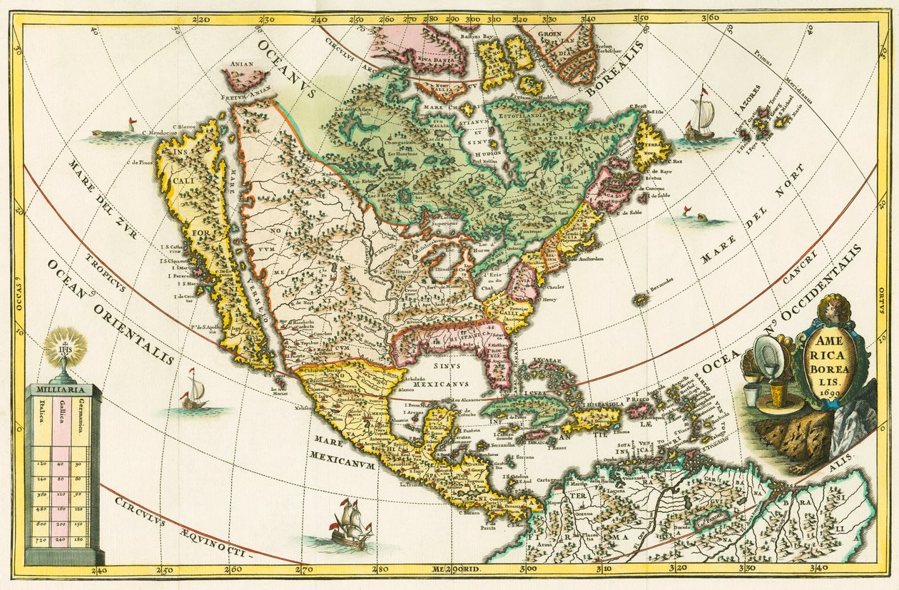北アメリカ。カリフォルニアを島と見立てた北米地図（ハインリッヒ・シェラーの『ジオグラフィア・ヒエラルキカ』より 作： ドイツ語学校