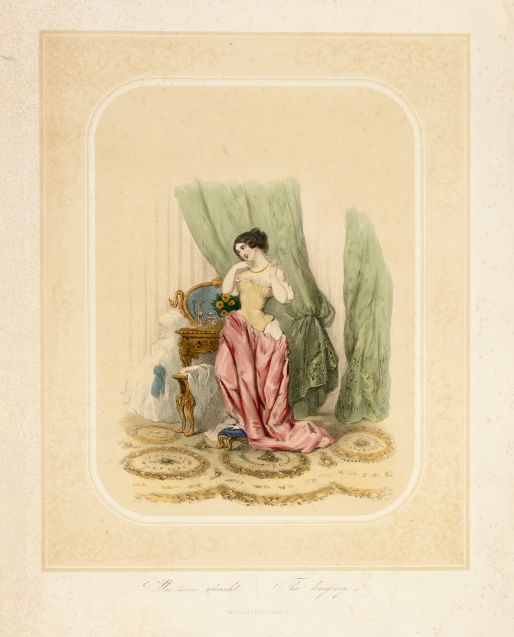 F.サラ＆Co、ベルリン、c.1850によって印刷された彼女の化粧台でエレガントな女性 作： ドイツ語学校