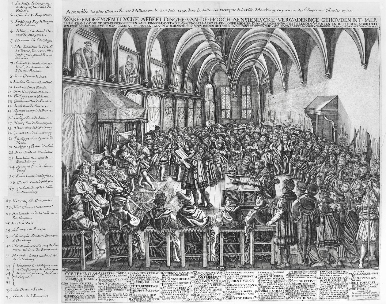 1530年6月25日、チャールズ5世（1500-58）の存在下で、アウグスブルクの司教ホールでのドイツの最も輝かしい王子の集会 作： ドイツ語学校
