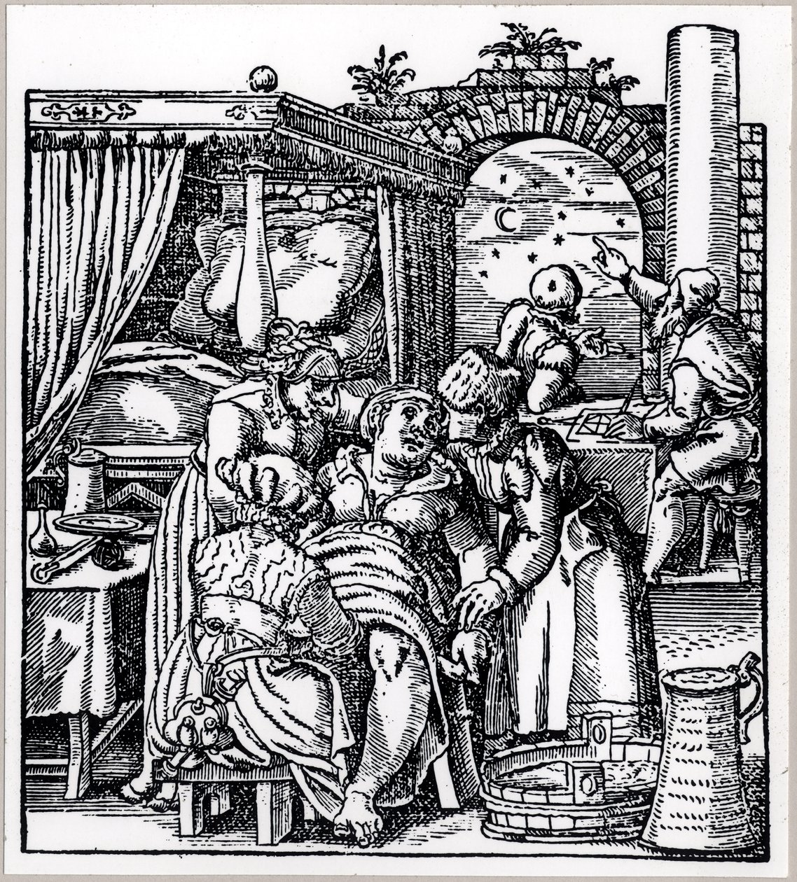 1587年にフランクフルトで出版されたJacob RueffによるDe Conceptu et Generatione Hominisから、出産用椅子で女性に生まれる子供のために星占いをキャストする占星術師 作： ドイツ語学校