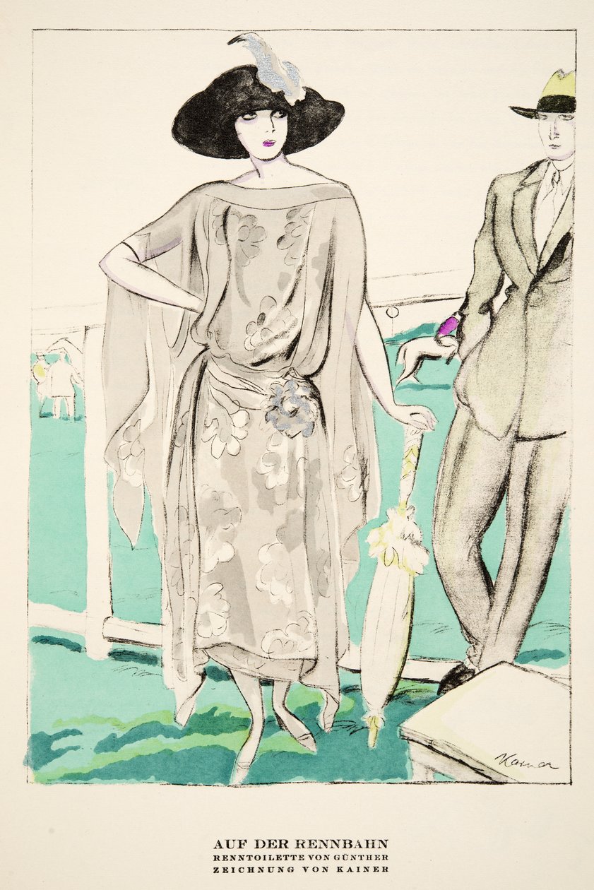 「Auf der Rennbahn"、グンターによるレーシング・ウェアの広告、Styl, pub.1922より（ポショワール・プリント） 作： ドイツ語学校