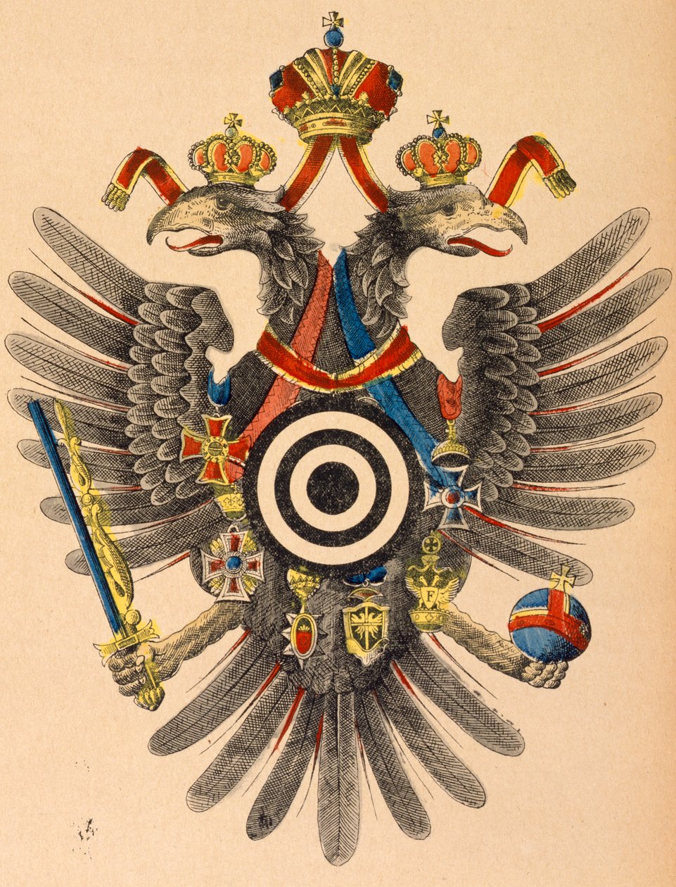 オーストリアハンガリー帝国の紋章、アーチェリーターゲット、c.1865（色の木版画） 作： ドイツ語学校