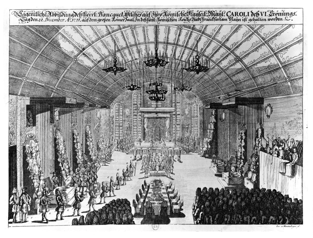 1711年12月22日のチャールズ6世（1685-1740）の戴冠式を記念して、フランクフルトアムマインのレーマーホールでの宴会 作： ドイツ語学校