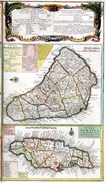 バルバドスとジャマイカ、カリブ海の英国植民地の地図からの詳細、パブ。 Homanns Heirs、ニュルンベルク、1750年頃（101836の詳細） 作： ドイツ語学校