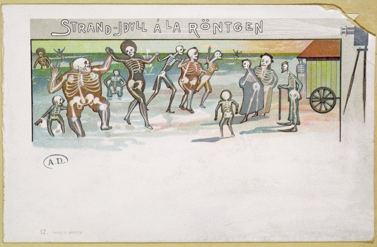 レントゲンスタイルのビーチの牧歌、X線に関する漫画、1896-99年（カラー彫刻） 作： ドイツ語学校