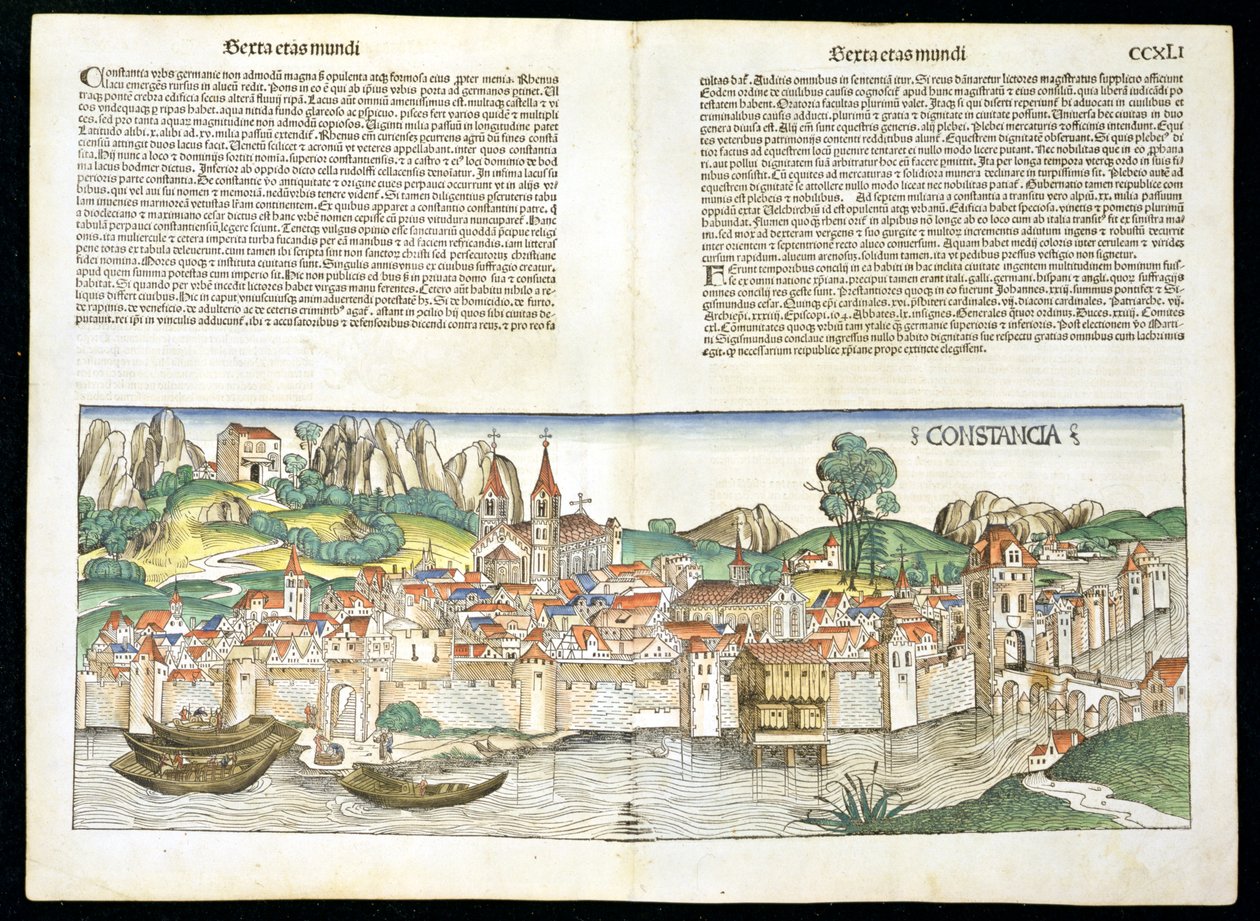 ニュルンベルク年代記からのコンスタンスの鳥瞰図by Hartmann Schedel（1440-1514）1493 作： ドイツ語学校