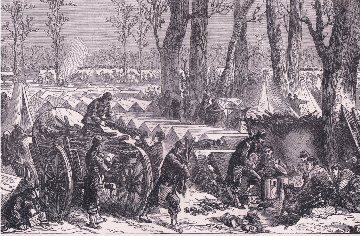ヴァンセンヌの森にあるデュ・クロイ将軍の部隊のビバーク（Cassells History of the War between France and Germany, published by Cassell and Company Limited, c.1890）（リトグラフ 作： ドイツ語学校