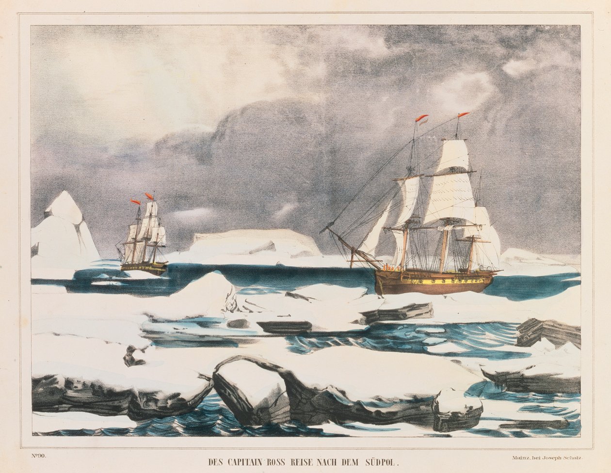1839年から42年の間にJ.ショルツ、マインツによって出版されたイギリスの極地探検家、南極大陸へのキャプテンロス遠征 作： ドイツ語学校