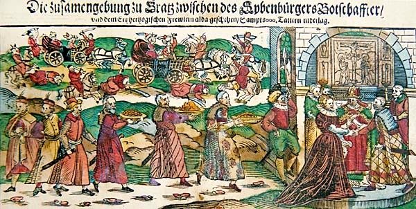 1595年3月にオーストリアのマリア・クリスティーナ大公妃とシーベンビュルゲン（トランシルヴァニア）の王子ジギスムンド・バートリーの大使との代理結婚、および1595年8月のカッルガレニの戦いについての新聞記事とイラスト（c.1 作： ドイツ語学校