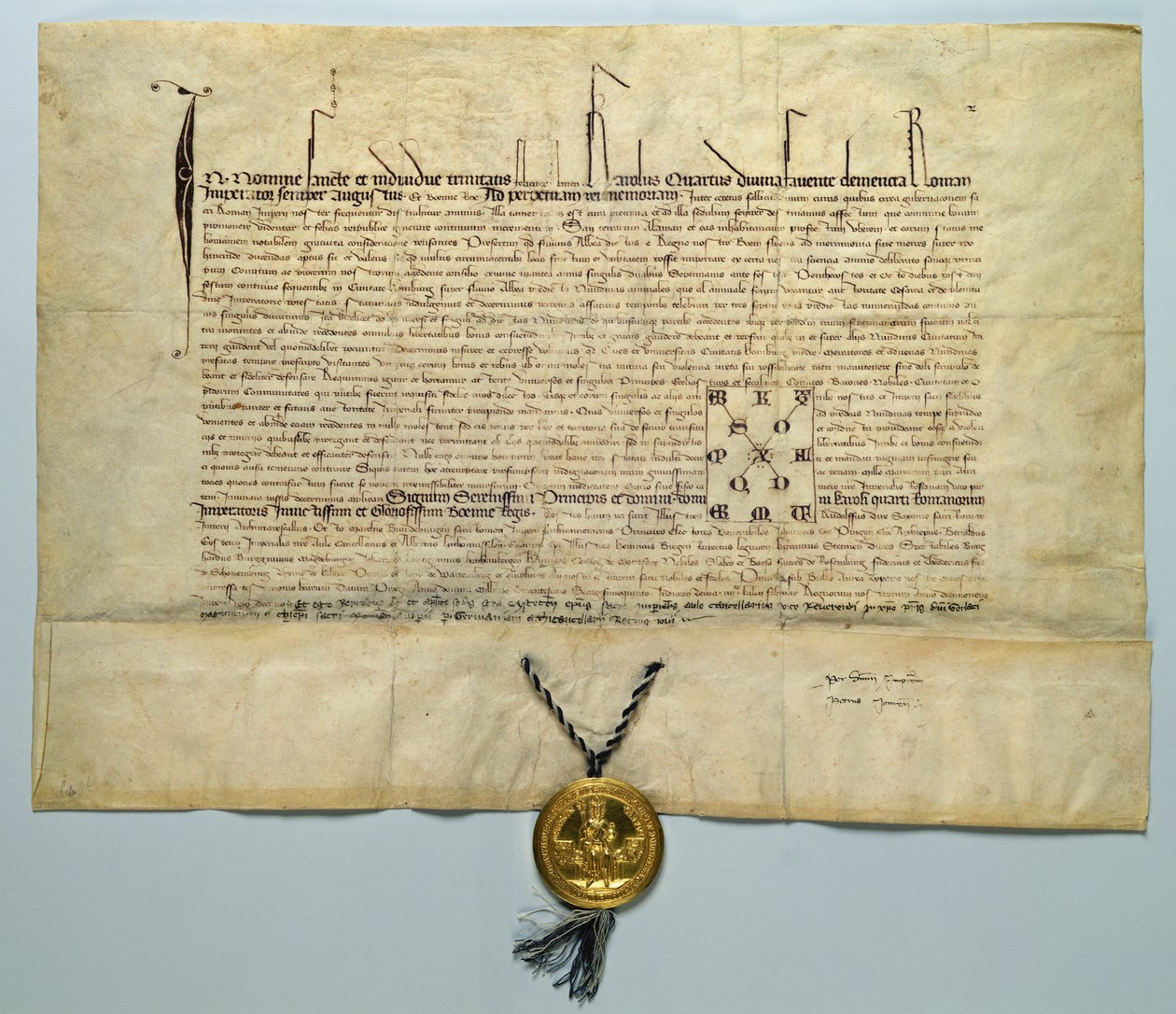 チャールズ4世の雄牛（1316-78）聖ローマ皇帝、1365年1月29日（ゴールドシールの羊皮紙にインク） 作： ドイツ語学校