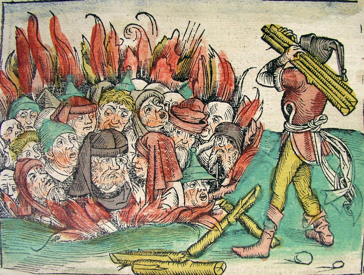 1493年のニュルンベルク年代記に掲載されたユダヤ人のバーニング 作： ドイツ語学校