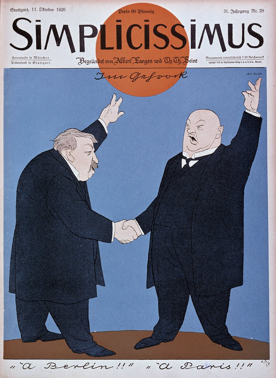 独仏の和解に関する漫画。ブリアンとシュトレーゼマン-1926年10月11日付「シンプリシマス」に掲載（版画 作： ドイツ語学校