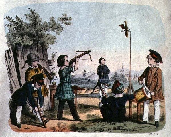 アルケブズで的を射る子供たち 1860年頃（カラーエングレービング） 作： ドイツ語学校