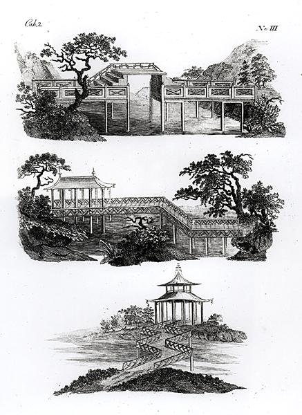 1779年に出版された「庭園のための最近の新しいアイデア」に掲載された中国風の橋（彫刻）（モノクロ写真） 作： ドイツ語学校