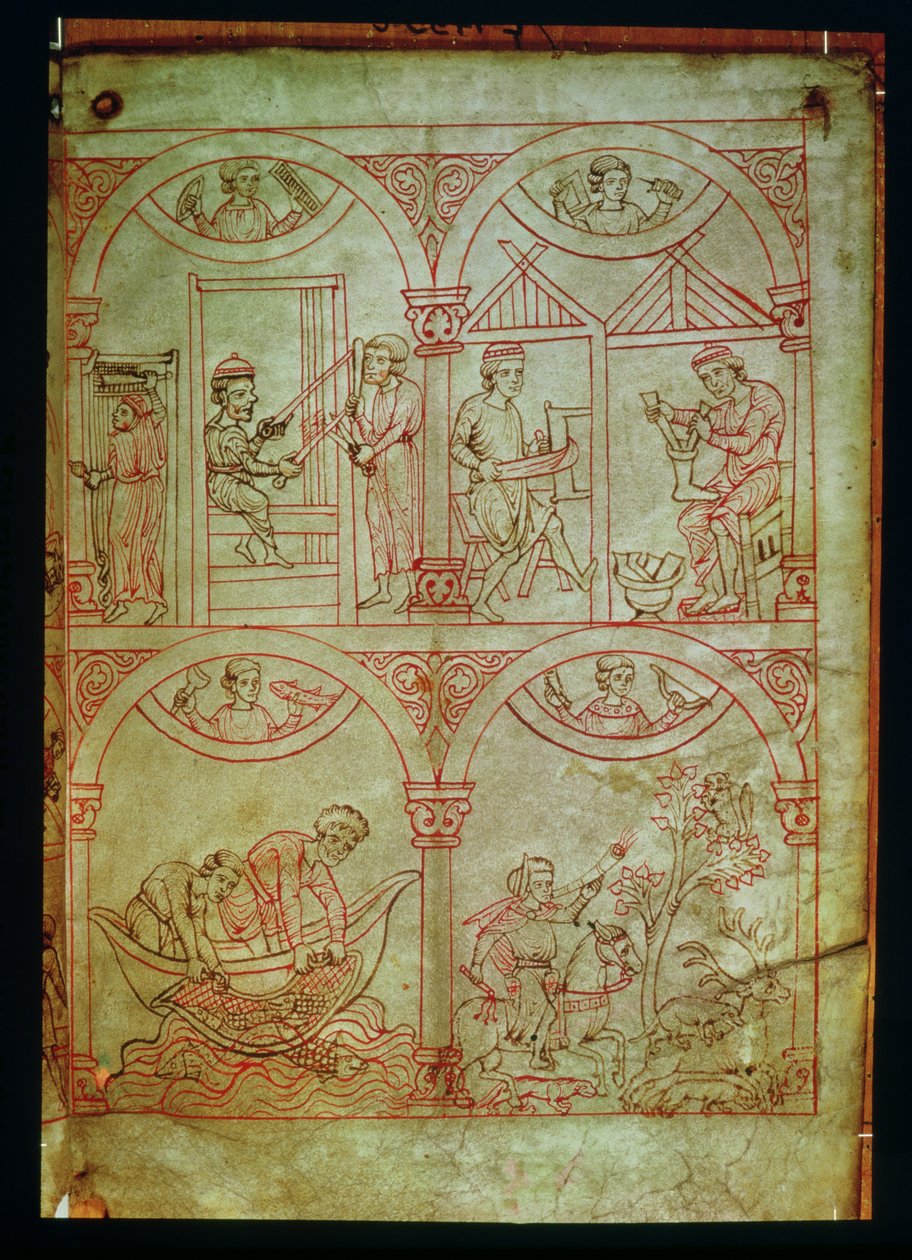 コーデックス507 fol.2r Weaver、Shoemaker、Fishermen and Hunter、Renner Musterbuch、c.1208-18 作： ドイツ語学校