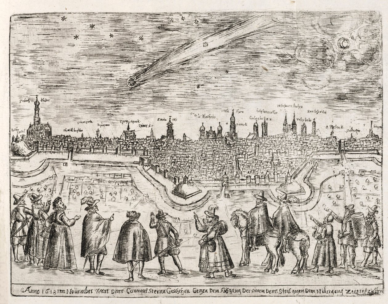 1618 年 11 月の終わりにアウグスブルク上空で見られた彗星、パブ。 1618年。 作： ドイツ語学校