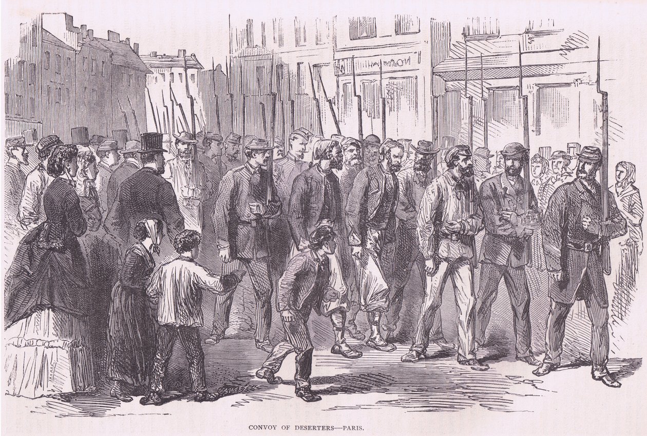 脱走兵のコンボイ-パリ、1890年頃、Cassell and Company Limited発行のCassells History of the War between France and Germany (litho) 作： ドイツ語学校