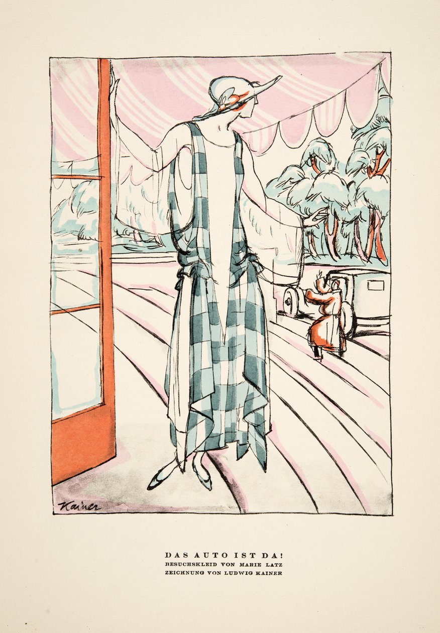 Das Auto Ist Da！」、マリー・ラッツによるドレスの広告、1922年発行の『Styl』より（ポショワール版画） 作： ドイツ語学校