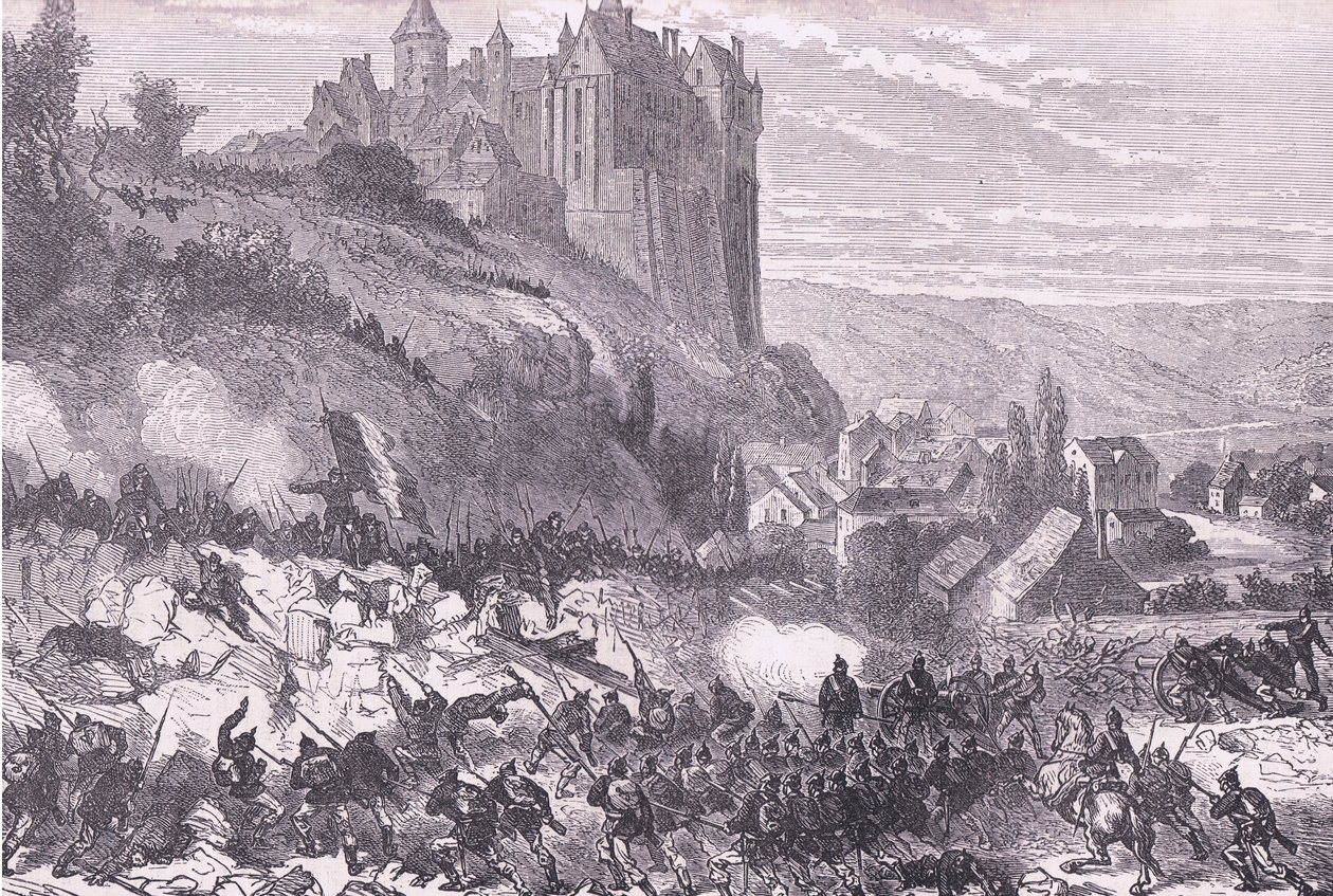 シャトーダンの防衛、カッセル・アンド・カンパニー・リミテッド発行のCassells History of the War between France and Germany、1890年頃(リトグラフ) 作： ドイツ語学校