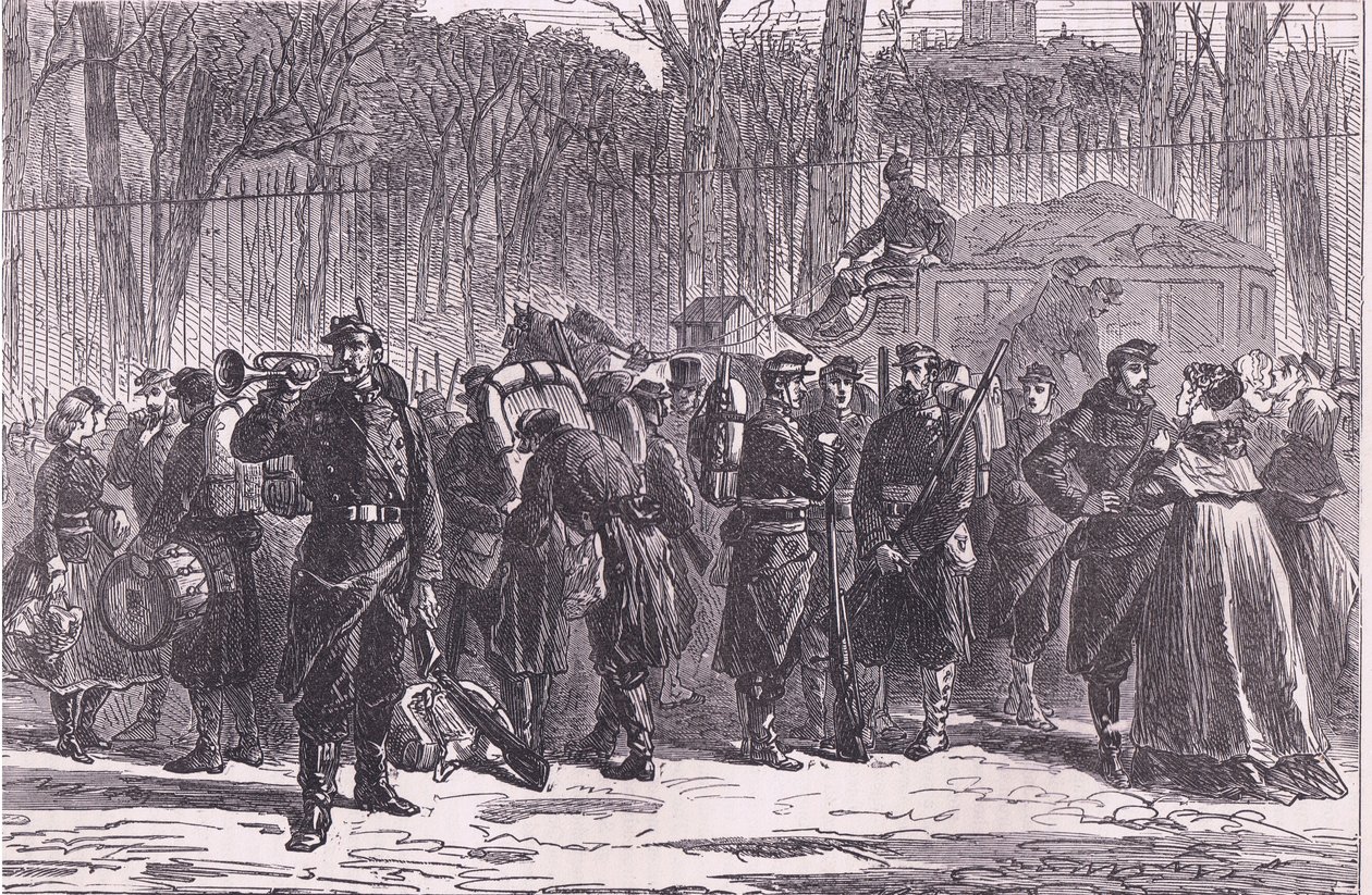 国民衛兵第10連隊の進駐先への出発、Cassells and Company Limited発行のCassells History of the War between France and Germany、1890年頃（リトグラフ）。 作： ドイツ語学校