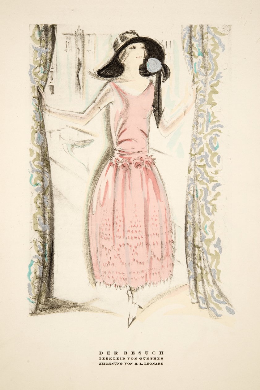 グンターのティードレス "Der Besuch"、1922年出版『Styl』より（ポショワール版画） 作： ドイツ語学校