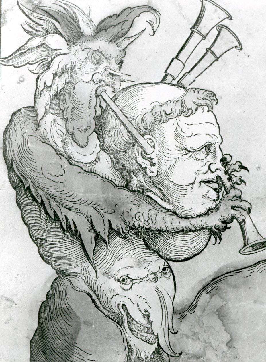 Devil Playing Mans Head as Bagpipes、1144（木版画） 作： ドイツ語学校