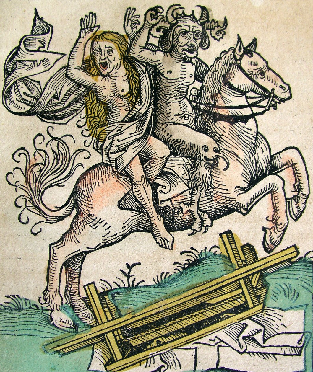 1493年のニュルンベルク年代記に掲載された悪魔と馬に乗った女 作： ドイツ語学校