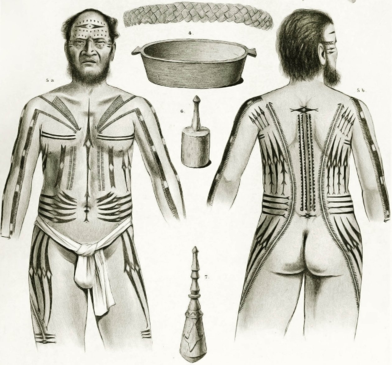 さまざまなポリネシアのアーティファクトとタトゥーのデザインを示す図、1888 作： ドイツ語学校