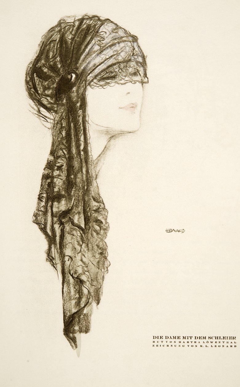 マーサ・ローウェンタール作 "Dame mit dem Schleier"（帽子）、『Styl』より、1922年発行（ポショワール版画 作： ドイツ語学校