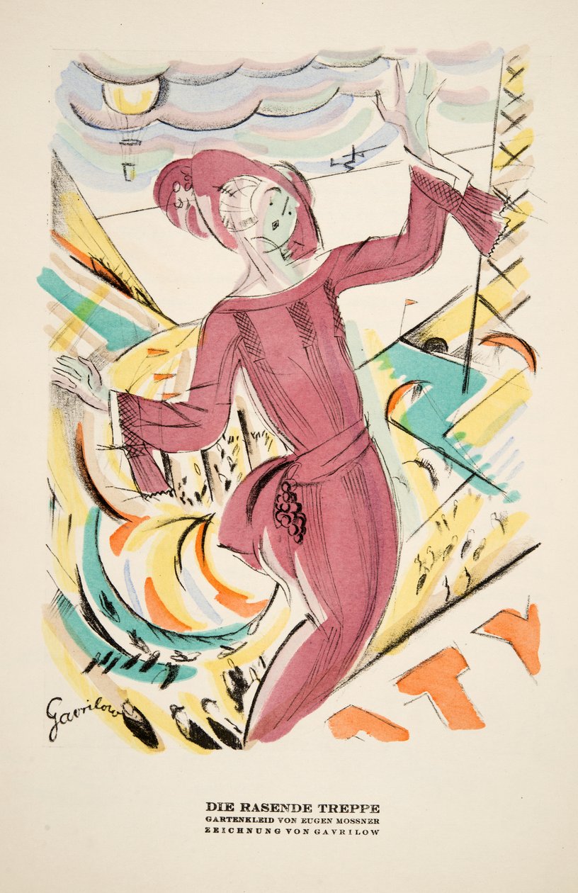 オイゲン・モスナーによるドレスの広告「Die Rasende Treppe」、Styl, pub.1922より（ポショワール版画） 作： ドイツ語学校