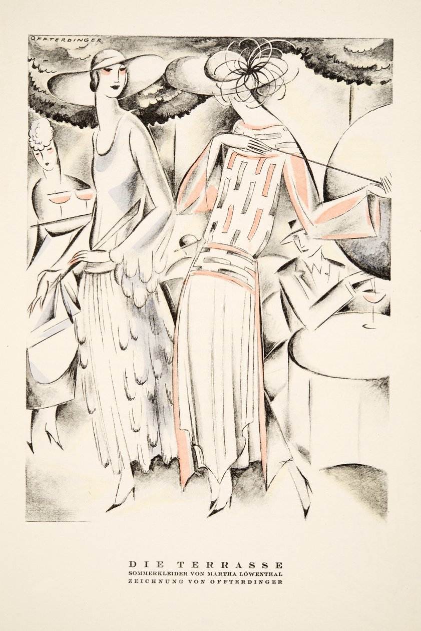 マーサ・ローウェンタールによるサマードレスの広告 "Die Terrasse"（1922年発行『Styl』より）（ポショワール版画 作： ドイツ語学校