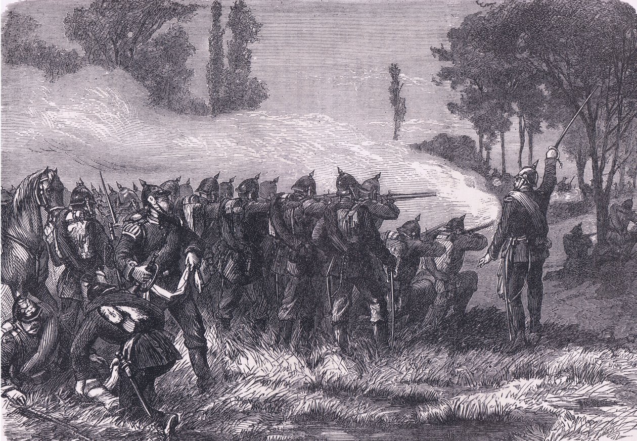 メッツ前の森の中での出会い、Cassells and Company Limited発行のCassells History of the War between France and Germany, c.1890 (litho) 作： ドイツ語学校