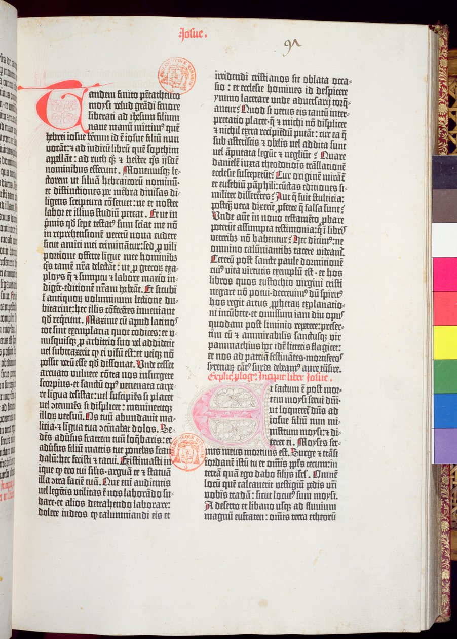 ペンテウチの終わりとヨシュア記の始まり、グーテンベルク聖書、ヨハネスグーテンベルク（c.1400-68）とピーターシェーファー（1425-1502）、マインツ、1454-56（印刷紙） 作： ドイツ語学校