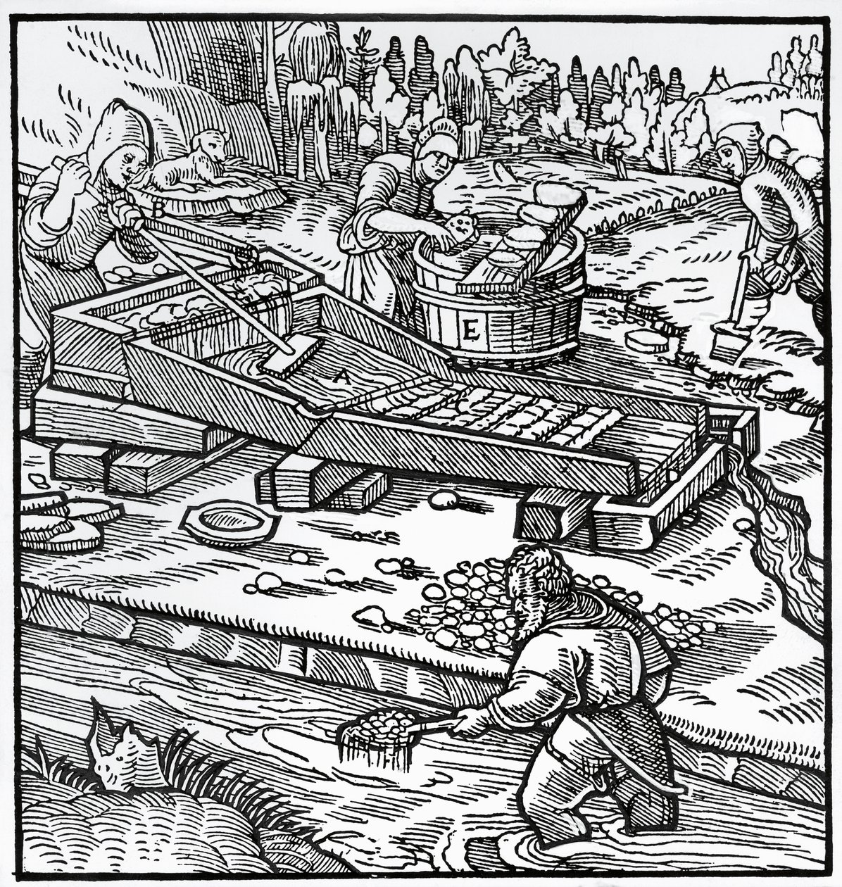 ゲオルグ・パヴェールまたはゲオルギウス・アグリコラ（1494-1555）の「De re metallica（金属の性質について）」からのエングレーヴィング 作： ドイツ語学校