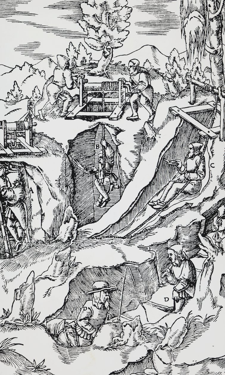 バーゼルで出版されたGeorg PawerまたはGeorgius Agricola（1494-1555）の「De re metallica（金属の性質について）」からの版画。 作： ドイツ語学校